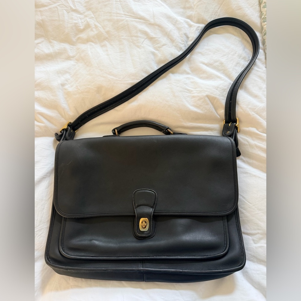 Coach Classic Black Leather Messenger Bag with Shoulder Strap
